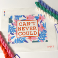 Needlepoint Kit project with 'CAN'T NEVER COULD' text and floral patterns, surrounded by colorful threads.
