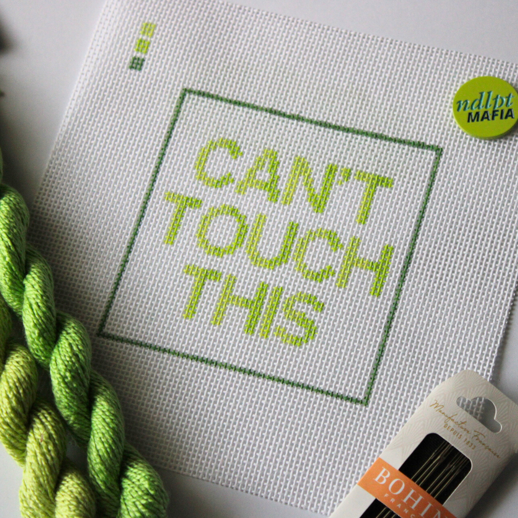 Threaded & Tipsy hand-painted needlepoint canvas featuring the phrase “CAN’T TOUCH THIS” in bold gradient lime and yellow-green block letters, framed by a green rectangular border. A small painted color guide with three green shades appears in the top lef