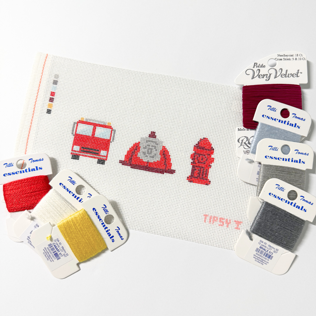 Needlepoint Canvas Kit with fire truck design on a white background