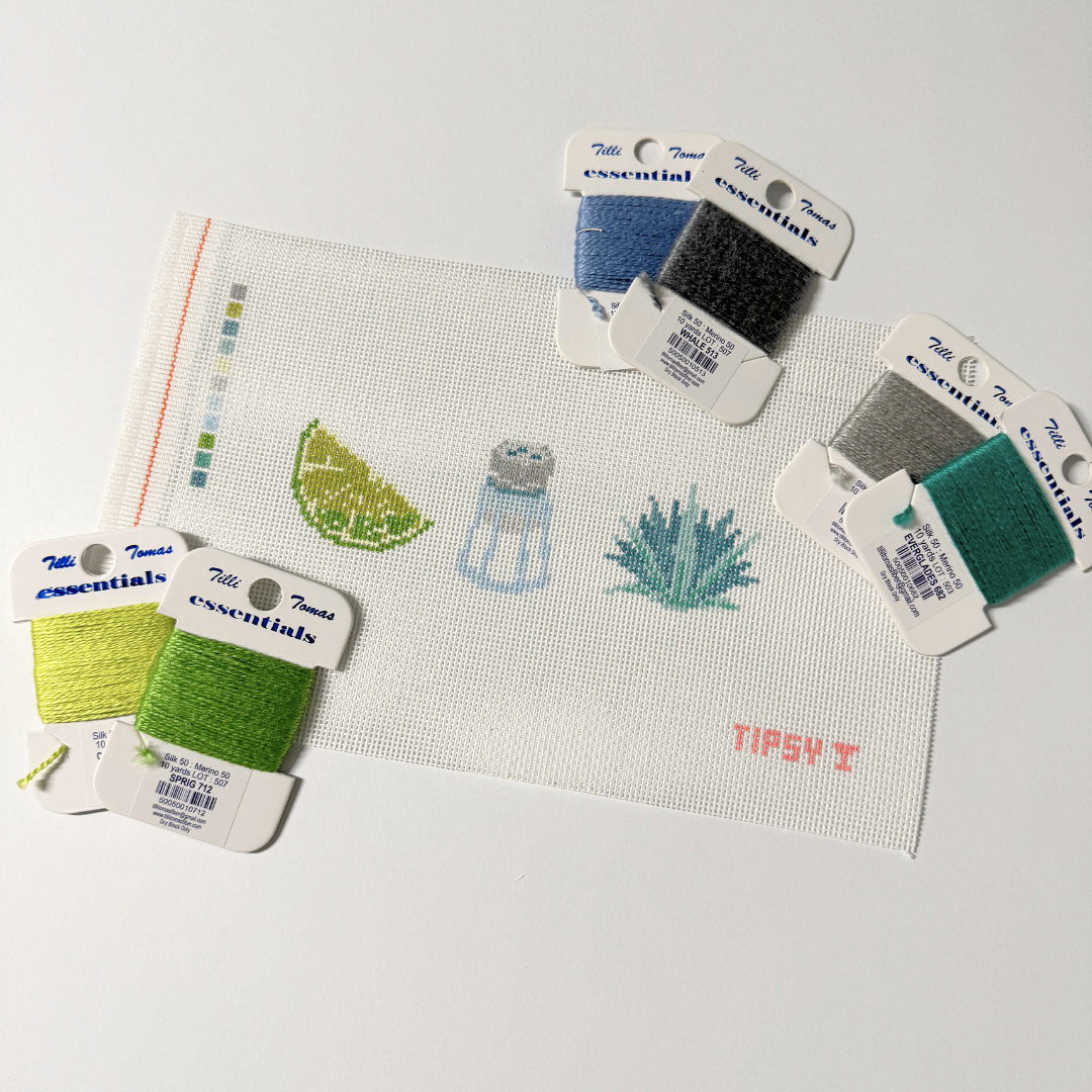 Tequila Needlepoint Kit Set of embroidery threads with color swatches on a white background